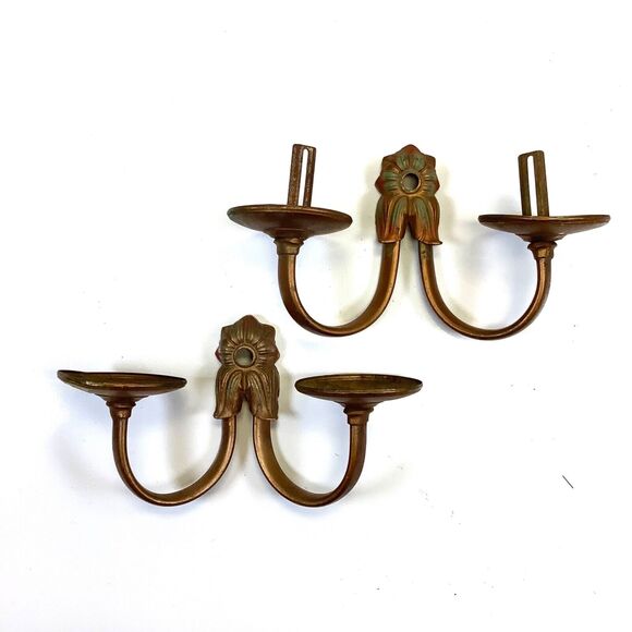 Vintage Pair Art Deco Brass Wall Sconces Two Arm Candle Holders Lighting Antique - Picture 1 of 7